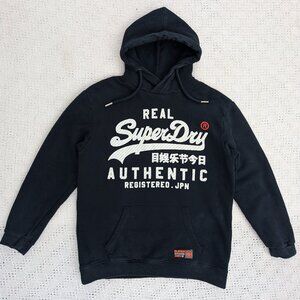 Real SUPERDRY Men's Black Pullover Hoodie Oversized Fit Textured Print Size M